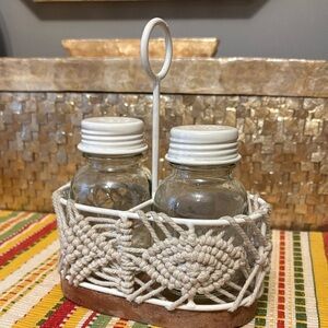 Boho Glass Salt & Pepper Shakers in White Macramé Holder